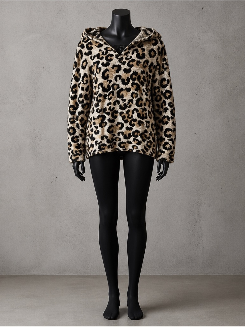 Aqua Leopard Print Fleece Hoodie - Cream & Black
